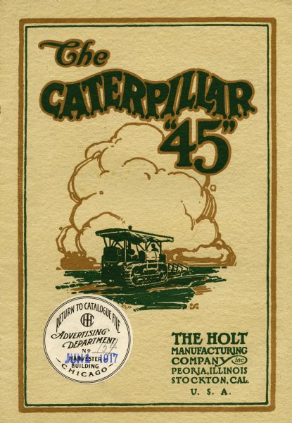 Front cover of a brochure advertising the Caterpillar 45 tractor, illustrated working in a farm field beneath a cloudy sky.