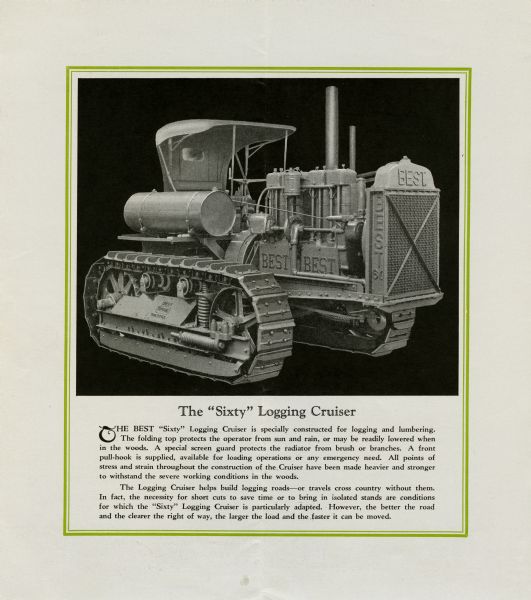 Three-quarter view towards the front left side of the "Sixty" logging cruiser tractor made by the C.L. Best Tractor Company.