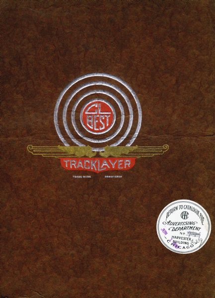 Front cover of a booklet advertising the C.L. Best Tracklayer tractor. The Tracklayer logo appears in metallic colors set against a brown background.