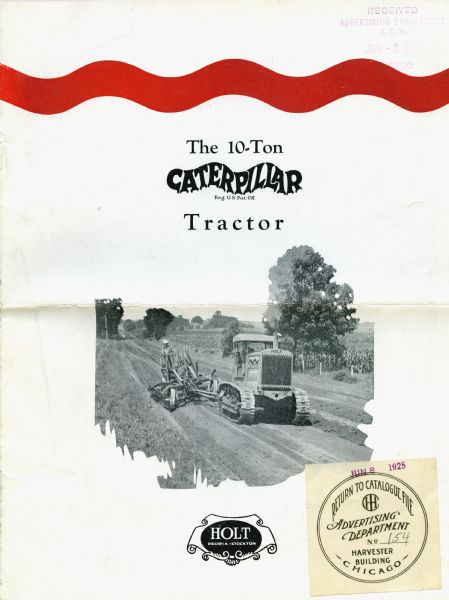 Front cover of a booklet advertising the 10-ton Caterpillar tractor. The photograph in the center depicts a man using the tractor with a road grader.