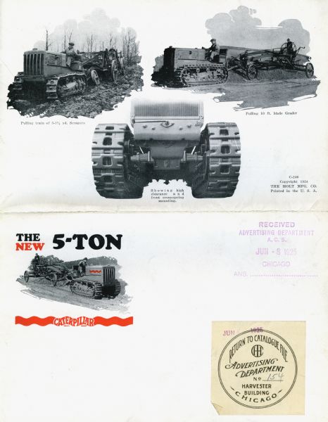 Mailing advertisement for the 5-ton Caterpillar tractor. The illustrations at top demonstrate (from left): "Pulling train of 3-1 1/4 yd. Scrapers", "Showing high clearance and front cross-spring mounting", and "Pulling 10 ft. blade Grader".