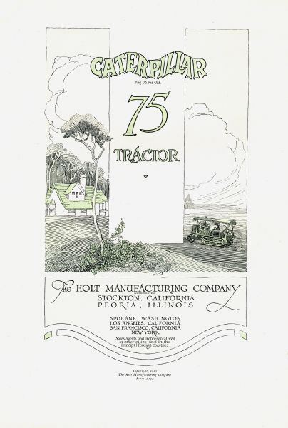 Title page of a booklet advertising the Caterpillar 75 tractor. The page features an Art Deco-style illustration of a crawler tractor at work in a field near a farmhouse.