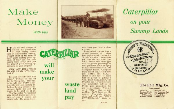 Pamphlet advertising the use of the Caterpillar tractor on swamp lands. The headline reads: "Caterpillar will make your waste land pay." The photograph at top center shows a group of men standing beside a Caterpillar crawler tractor on a dirt road.