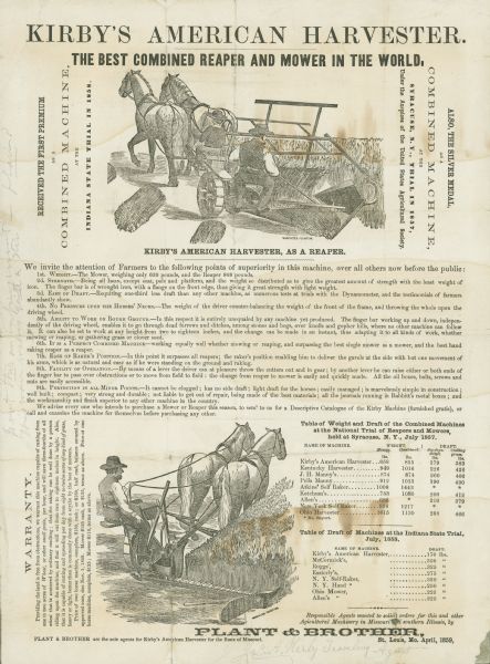 Handbill for Kirby's American Harvester, a combined reaper and mower.  The advertisement features two line drawings of the machine in use, as a reaper and as a mower.
