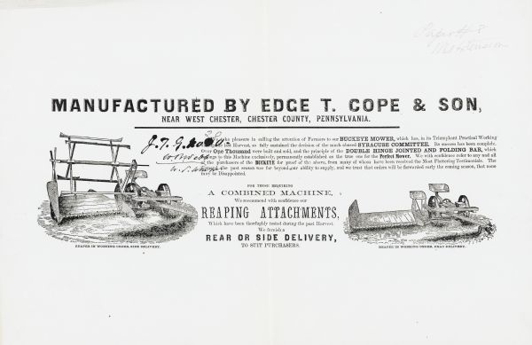 Advertisement for the Edge T. Cope & Son reaper, with views of the side and rear delivery.