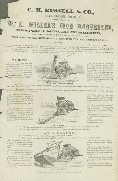 Handbill for W.K. Miller's Iron Harvester, a combined reaper and mower manufactured by C.M. Russell & Company. Features three line drawings of machines.