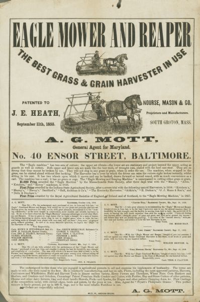 Handbill for the Eagle Mower and Reaper distributed by A.G. Mott, general agent for Maryland. Includes the text "the best grass and grain harvester in use."