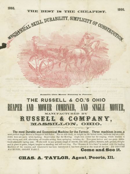 Advertising brochure for Russell & Company's Ohio Reaper and Mower, distributed by Chas. A. Taylor, agent for Peoria, Illinois. Features an illustration of a man using a horse-drawn mower in a field. Includes the text "mechanical skill, durability, simplicity of construction."