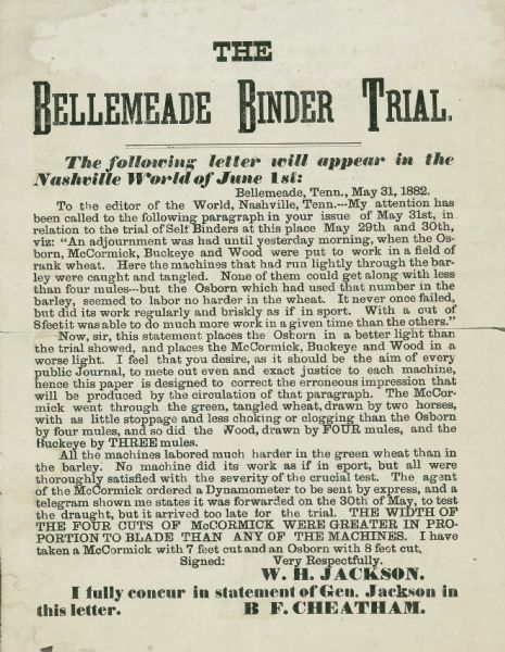A handbill produced by B.F. Cheatham describes the results of a binder trial which took place in Bellemeade, Tennessee.