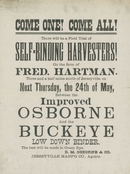 Handbill advertising a field trial of Osborne and Buckeye grain binders. Features the text "Come One! Come all! There will be a field trial of self-binding harvesters! on the farm of Fred. Hartman. Three and a half miles south of Jerseyville."