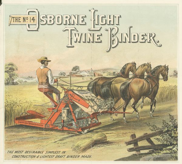 Advertisement for the Number 14 Osborne Light Twine Binder, featuring a color illustration of a man using a horse-drawn grain binder in a field.