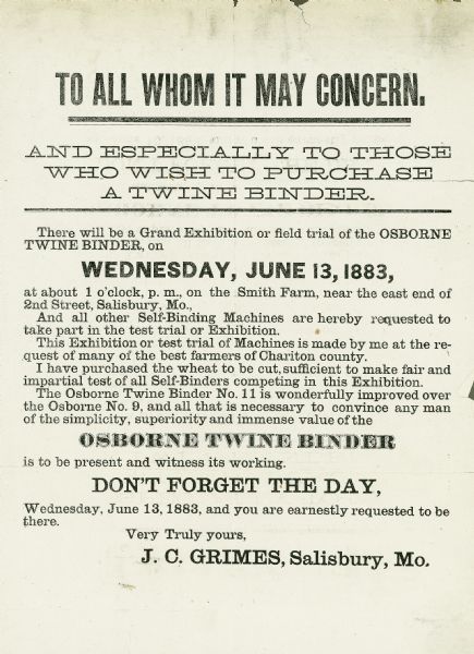 Handbill advertising an upcoming field trial of the Osborne twine binder in Salisbury, Mo. Includes the text "To all whom it may concern and especially to those who wish to purchase a twine binder."