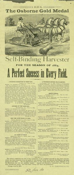 Advertising handbill for the Osborne Self-Binding Harvester with text reading: "The Osborne Gold Medal" and "A Perfect Success in Every Field."