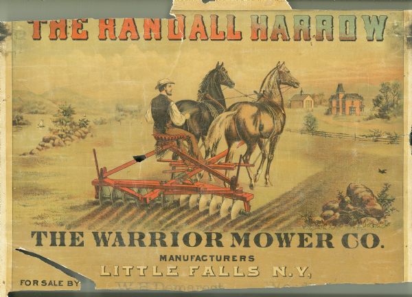 Advertisement for the Randall Harrow, manufactured by the Warrior Mower Company. Features a color illustration of a farmer using the harrow in a field.