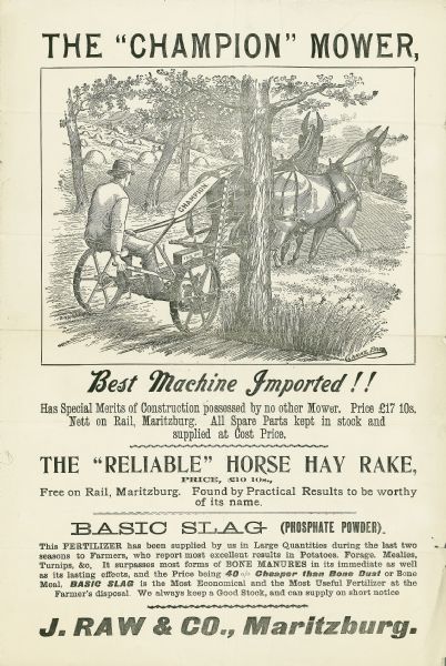 Advertising flyer for J. Raw & Co. of Maritzburg, South Africa. The flyer features the "Champion" mower and "Reliable" hay rake, with prices quoted in pounds.