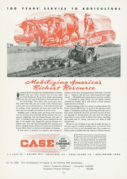 Magazine advertisement celebrating the centennial of J.I. Case Co. of Racine, Wisconsin. Features a photograph of a contemporary tractor pulling a modern plow under an illustration of a farmer using a walking plow pulled by oxen. The motto reads: "Mobilizing America's Richest Resource."