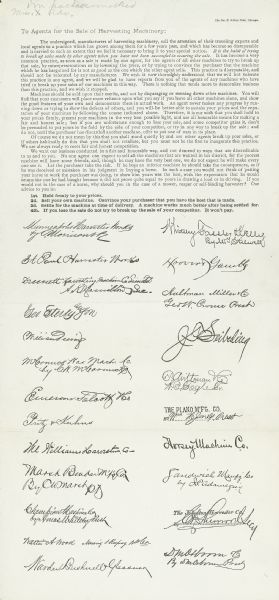Broadsheet describing a pledge made by agricultural machinery manufacturers to compete fairly with one another, and not try to break up competitors' sales. It is signed by many major agricultural machinery companies of the time, including McCormick and Deering.