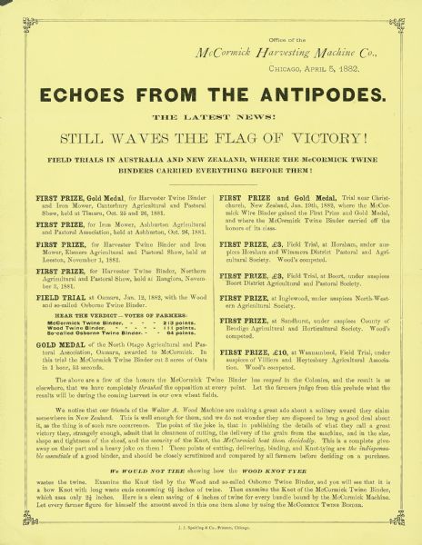 Flyer advertising field trial victories won by the McCormick Twine Binder in Australia and New Zealand. Headline reads: "Echoes from the Antipodes."