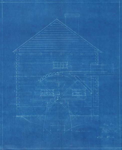 Blueprint for a restored grist mill at Walnut Grove, the McCormick farm in Virginia. The text at bottom right reads, "Grist Mill for Mr. Harold F. McCormick. Vesuvius, Virginia. R. Brognard Okie, R.A. 306 S. Smedley St. Phila."
