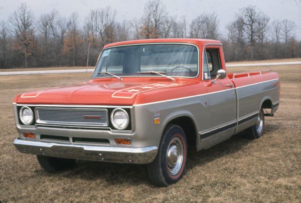 Three-quarter front view of a Johnnie Reb pickup truck taken by the International Harvester Styling Department. The color photograph was taken outdoors.