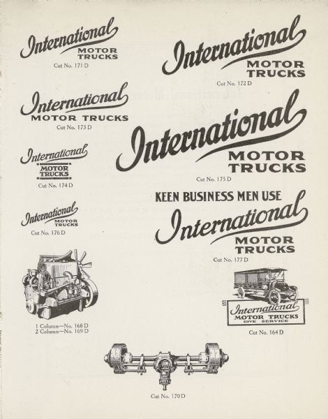Advertising proof sheet for International trucks featuring examples of logos, or trademarks, a truck, and an engine.