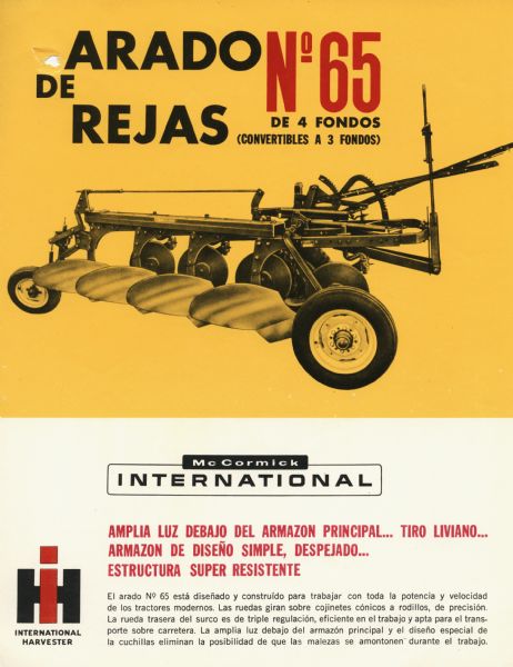 Spanish language advertisement for a plow. The advertisement features an illustration of the plow, along with a headline reading "Arado de Rejas. No.65 de 4 Fondos (Convertibles A 3 Fondos)."