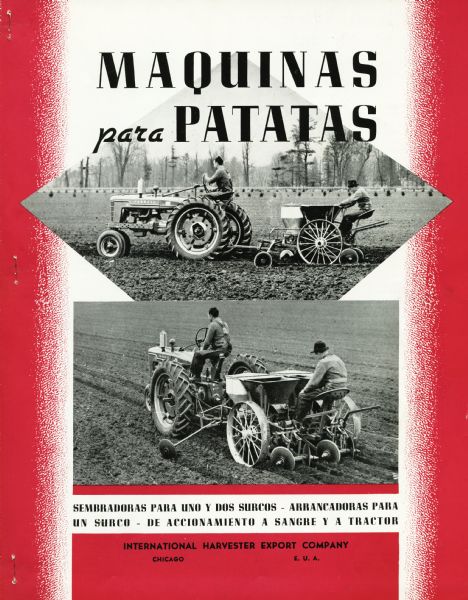 Spanish language advertisement for potato planting equipment, featuring two photographs of men planting in a field. The headline reads, "Maquinas para Patatas."