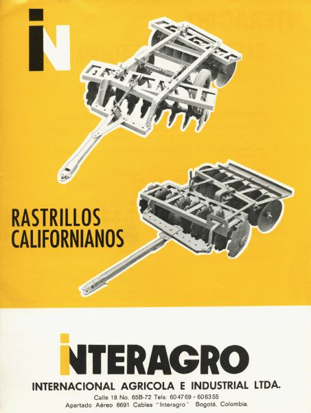 Spanish language advertisement for disk harrows. The advertisement features two illustrations of the rakes along with text reading: "Interagro Internacional Agricola e Industrial Ltda."