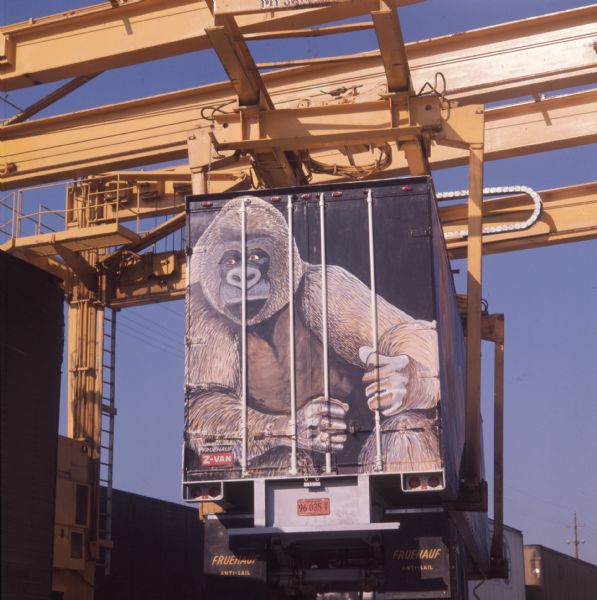 Color photo of a trailer with a gorilla painted on the back as it is loaded onto a railroad car by a gantry for shipment. The painting was part of one of several murals showing endangered land animals commissioned by Clipper Express founder Jerry G. Chambers. The murals were created under the direction of Ricardo Alonzo, muralist and director of Chicago's West Town Community Youth Art Center, and his assistant Jose Gonzalez. Photo caption reads: "Locking bars on trailer rear became 'cage' for gorilla, member of the cast in land-animal mural. In Clipper Express practice, 227-hp IH six-wheelers pick up vans from shippers, take them to railheads where mobile gantries-like Drott rig in Santa Fe's Chicago yard-hoist loaded trailers aboard for rail transfer to destination. This freight forwarder, despite artwork on some units, isn’t about to scrap the giant-lettered trademark gracing most vans it runs out of 31 terminals."