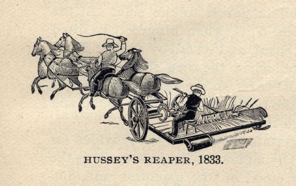Illustration of Obed Hussey's reaper of 1833 drawn by horses in a field.