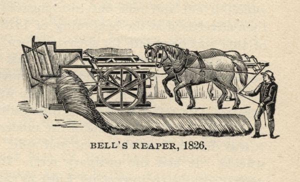 Illustration of a man and horses with Bell's reaper of 1826.