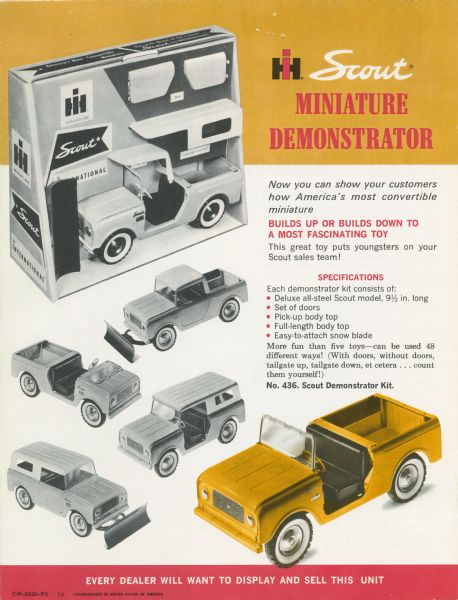 Back page of an International Harvester toy catalog. Includes color illustrations of the International Scout "miniature demonstrator" truck with detachable snow blade and hard top.