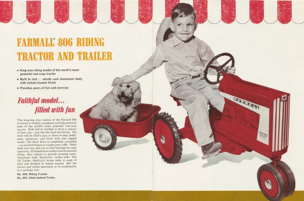 Two-page spread from an International Harvester toy catalog, featuring an illustration of a young boy and dog riding a "Farmall 806 riding tractor and trailer." Includes the text: "Faithful model . . . filled with fun."