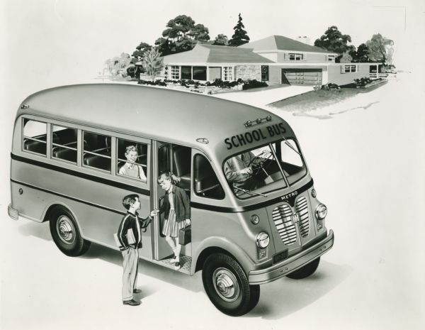 Illustration of children disembarking an International Metro school bus with a suburban house in the background.