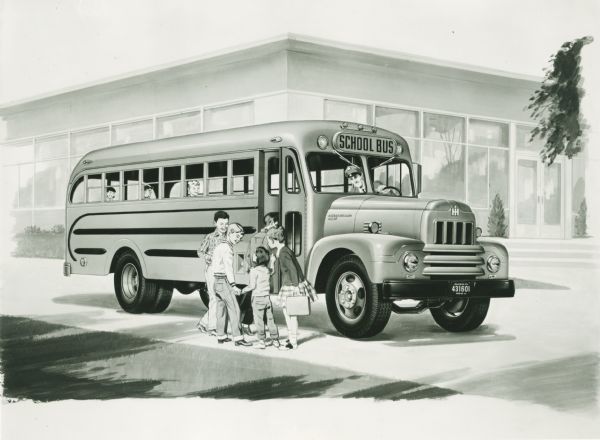Illustration of children boarding an International R-line school bus.
