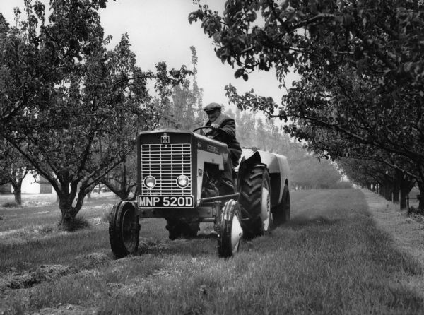 This photograph was likely taken by the International Harvester Overseas Division for promotional purposes, and shows a man driving an International Harvester 434 tractor with a sprayer attachment through an orchard. The man is wearing a coat and cap. The tractor model is on the front right of the tractor and has the "McCormick" and "IH" insignia. The front of the tractor reads: "MNP 520D." The photograph was probably taken in New Zealand.