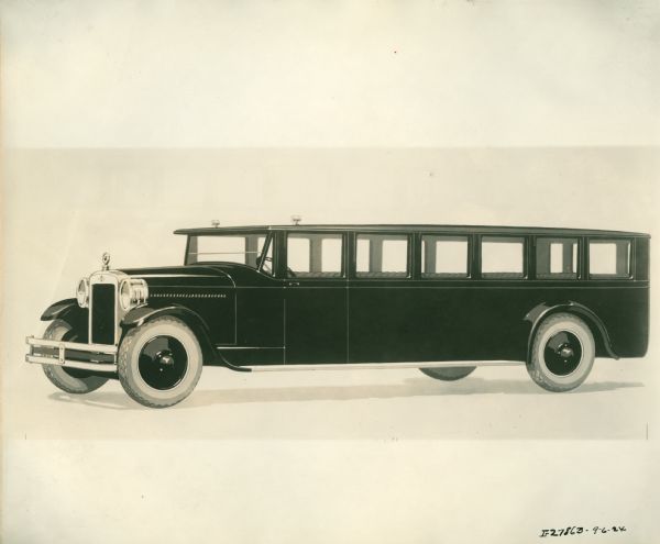 Three-quarter length left side view of a mid-1920s International Harvester bus. This Illustration was possibly used for advertising and catalogs for the International Harvester Company.
