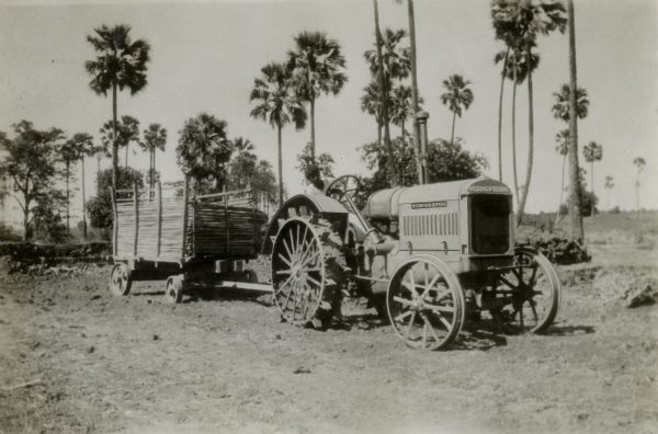 International Harvester tractor in India. Trees are in the background, and the tractor is pulling some kind of cart behind it.