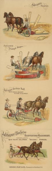 Accordion fold advertising card from Adriance, Platt & Company, manufacturers of Buckeye and Triumph farm machinery. Features illustrations on both sides of the card, with the cover card ending up at the bottom when unfolded. The cover card lists European Depots in two locations. Three types of horse-drawn harvesting machinery are advertised on this side: Adriance Buckeye No. 8, Triumph Reaper and Reaper.