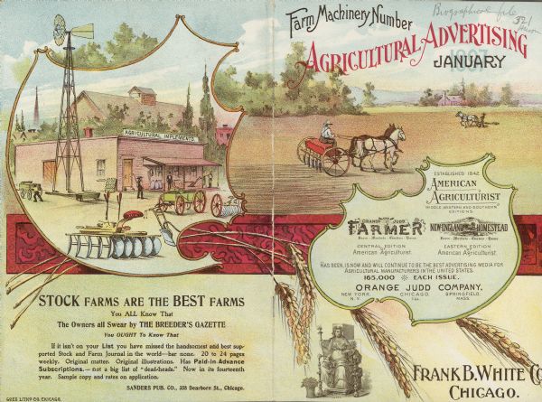 Front and back cover of the January, 1897 issue of the <i>Agricultural Advertising</i> periodical. Slogan on front says: "Has been, is now and will continue to be the best advertising media for agricultural manufacturers in the United States." Claims a circulation of 165,000.