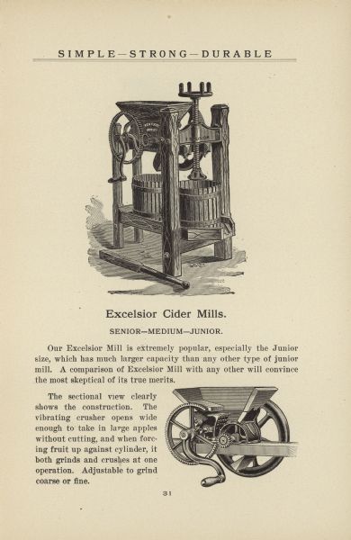 Interior page of a Kentucky Grain Drills catalog showing Excelsior Cider Mills in three sizes: Senior—Medium—Junior. Includes illustrations of two mills.