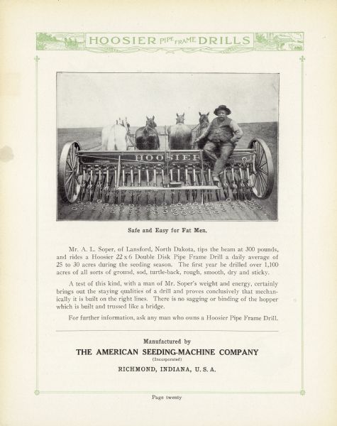 Back page advertisement with the title: "Safe and Easy for Fat Men." Features an illustration of a man sitting and posing on the back of a grain drill in the field, which is pulled by four horses. Manufactured by the American Seeding-Machine Company, (Incorporated), Richmond, Indiana, U.S.A.