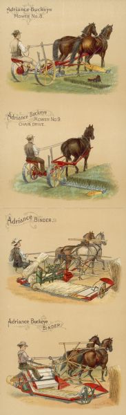 Accordion fold advertising card from Adriance, Platt & Company, which manufactured Buckeye and Triumph farm machinery. Features illustrations on both sides of the card. Four types of horse-drawn harvesting machinery are advertised on this side: Adriance Buckeye Mower No. 8, Adriance Buckeye Mower No. 9, Adriance Binder, Adriance Buckeye Binder.