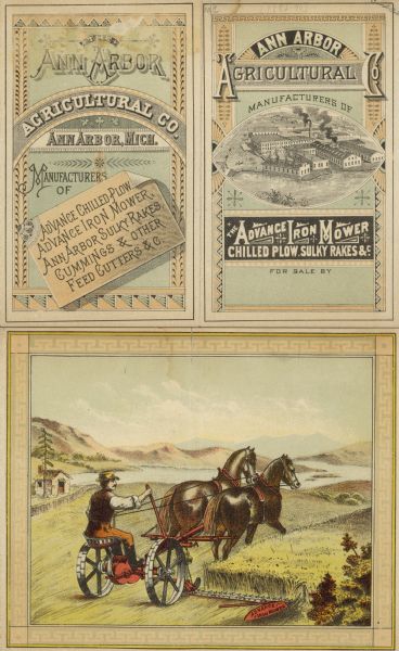 Front and back sides of the Ann Arbor Co. brochure. The front cover includes an illustration of the factory. The inside is a spread with an illustration of a man using an Advance Iron Mower in the field with a team of two horses. The back cover reads: "Manufacturers of the Advance Iron Mower, Chill Plow, Sulky Rakes &c. (etc.)"