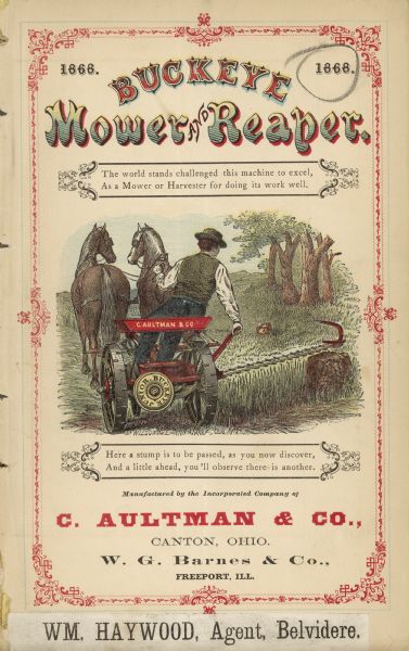 Features an illustration of a man using a mower with a team of two horses. Caption below reads: "Here a stump is to be passed, as you now discover, And a little ahead, you'll observe there is another."