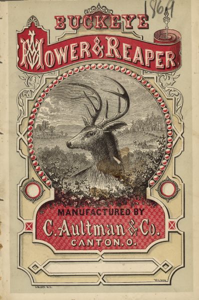 Features an illustration of a buck in the foreground, and in the background a landscape, which includes on the right a man driving a horse-drawn agricultural implement in a field, with a house and fence on the left.