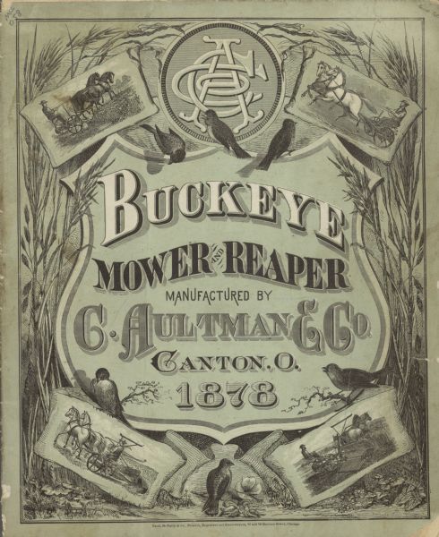 The cover features four illustrations in each corner of men operating mowers and reapers in the field with teams of two horses.