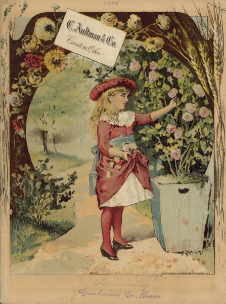 Chromolithograph featuring a young girl wearing a red dress, hat and stockings. She is standing under a tree and gathering flowers in the folds of her dress. She is reaching out to a rose in a planter.