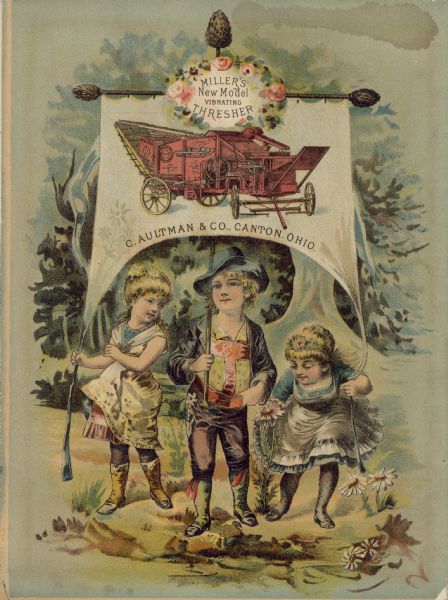 Chromolithograph of two young girls and a young boy holding the bottom of a banner featuring Miller's New Model Vibrating Thresher.