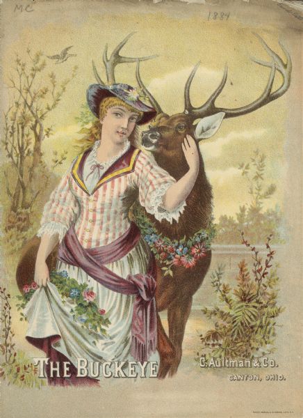 C. Aultman & Co. catalog cover. Features a chromolithograph of a woman holding flowers in her skirt. The woman is standing next to a buck who is wearing a garland of those same flowers around its neck.